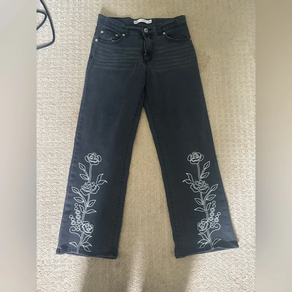Levi's Black Wide Leg Jeans with White Floral Embroidery